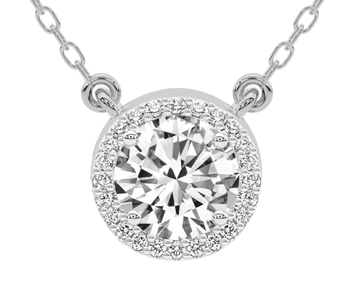 Round diamond set in a white gold halo bezel setting necklace with chain