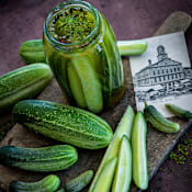 Boston Pickling Cucumbers in pickle jar.