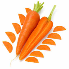 Pair of New Kuroda carrots with carrot slices on a white background.