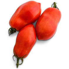 Trio of Martinos Roma Tomatoes on a white background.