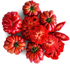 Whole and sliced Mushroom Basket Tomatoes on a white background.