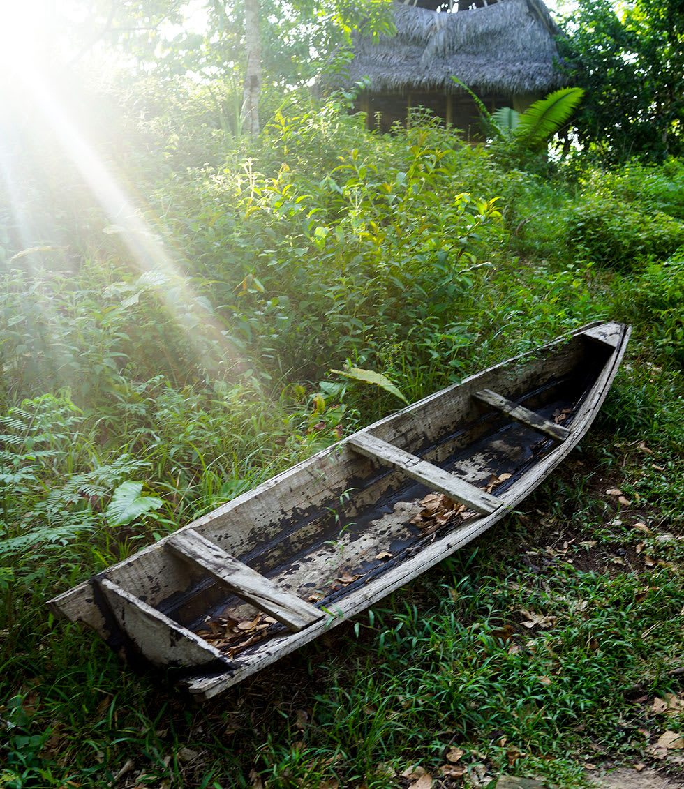 image shows an old, weathered boat in a beam of sunlight surrounded by lush green with a thatched-roof building in the background at a Chacra farm in Peru