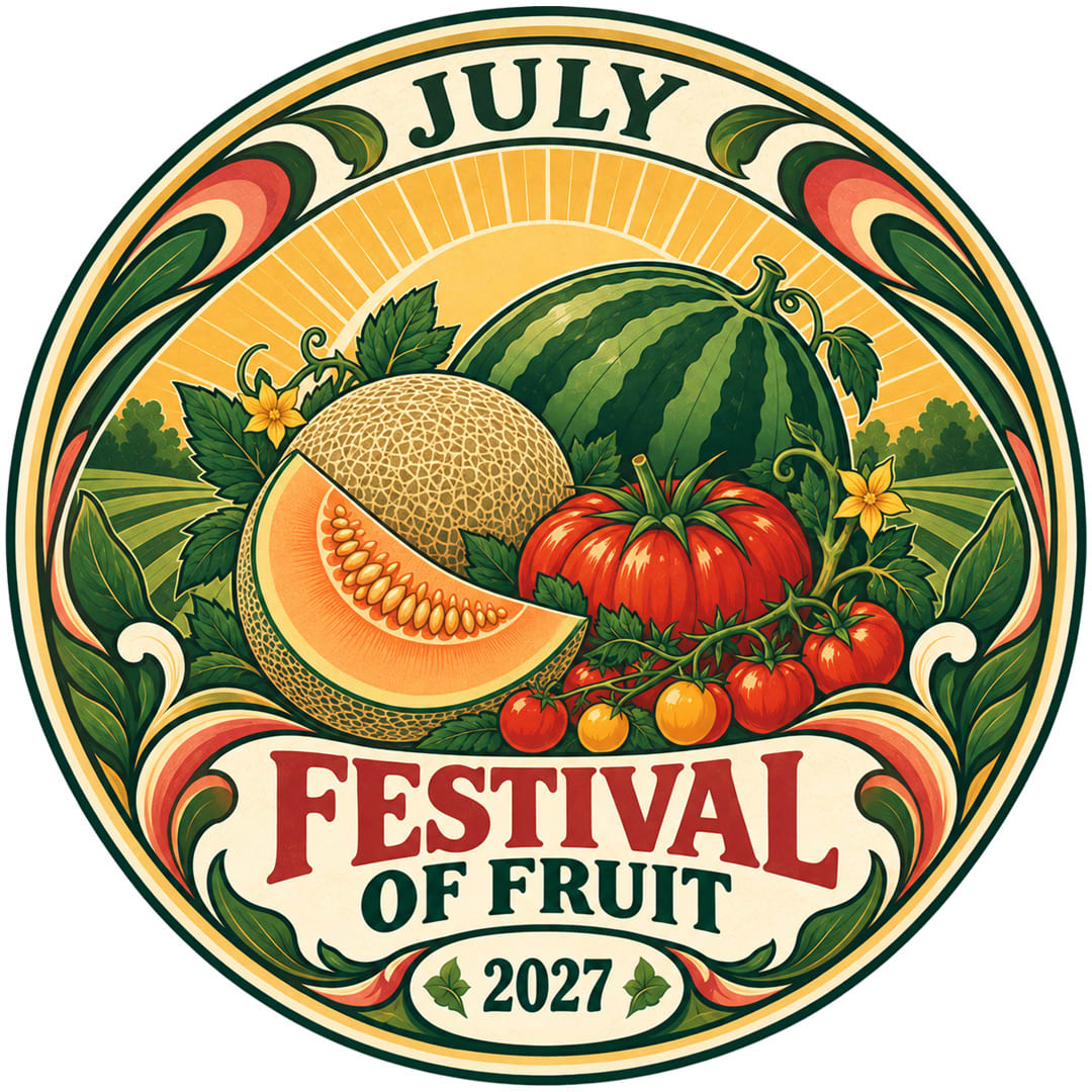 Festival of Fruit 2027 badge: melons and tomatoes for July