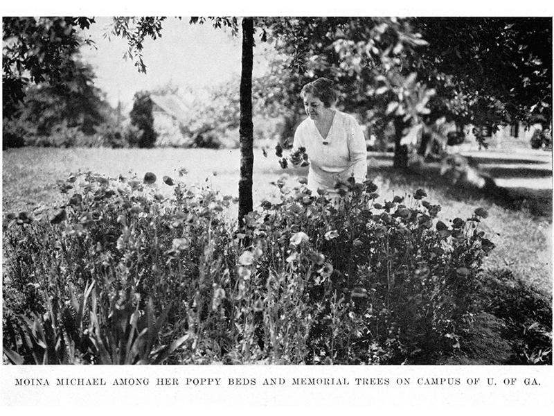 Moina Michael, creator of Red Poppy movement. Michael kneeling in garden with red poppies