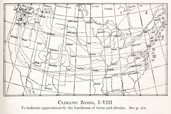 Black & white map of US with Climate Zones I-VIII indicated