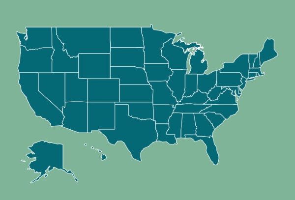 green background with blue US map. States outlined in white.