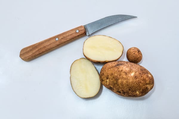 Russet Burbank potatoes with paring knife and microtuber