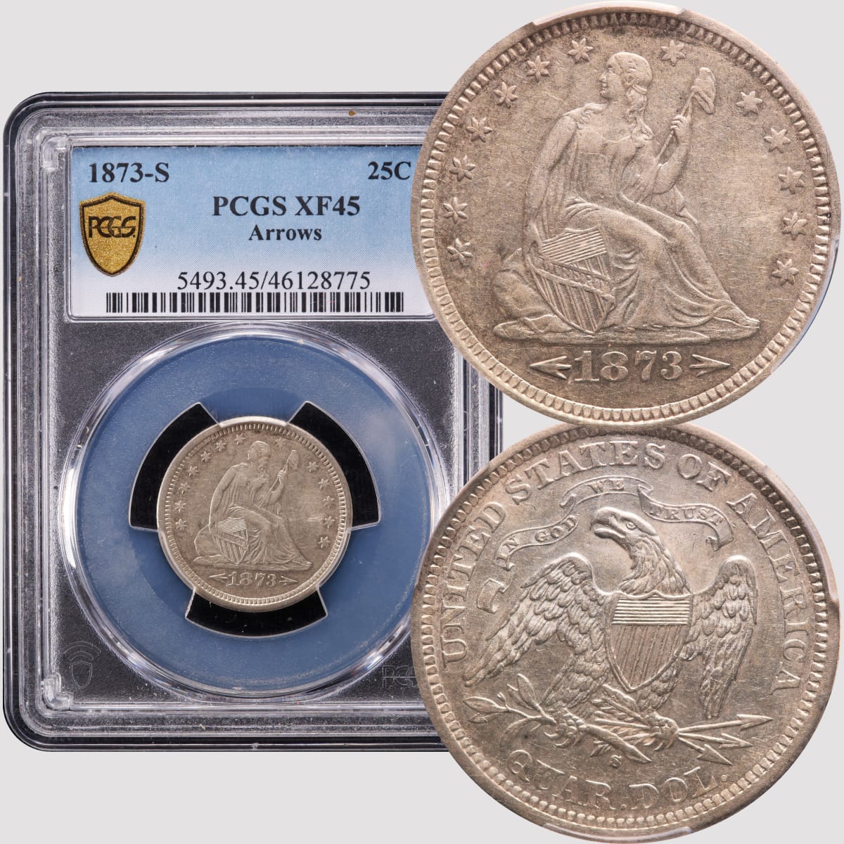 1873-S Seated Liberty Quarter (25c) Arrows PCGS XF45 - Rarity7
