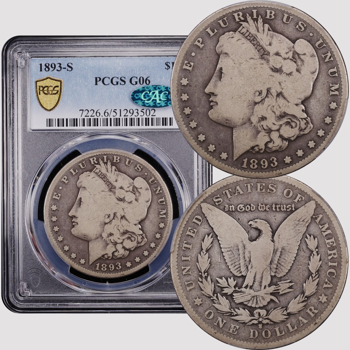 1893 S Morgan Dollar 1 PCGS G6 CAC Rarity7 1893 s morgan dollar 1 pcgs g6 cac rarity7