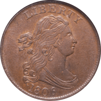 1806 Draped Bust Half Cent (1/2) Small 6, No Stems Obverse Image