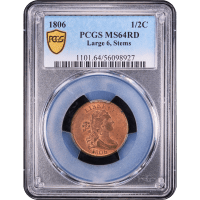 1806 Draped Bust Half Cent (1/2c) Large 6, Stems SLAB Image