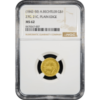 1842-50 A. Bechtler Gold Dollar (G$1) 27G Plain Edge Obverse Slab Image