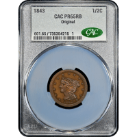1843 Braided Hair Half Cent (1/2c) Original SLAB Image