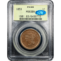 1853 Braided Hair Large Cent (1c) OGH SLAB Image