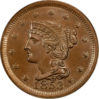 1853 Braided Hair Large Cent (1c) OGH OBVERSE Image