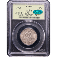 1853 Seated Liberty Quarter (25c) Arrows and Rays OGH SLAB Image