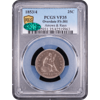 1853/4 Seated Liberty Quarter (25c) Arrows and Rays SLAB Image