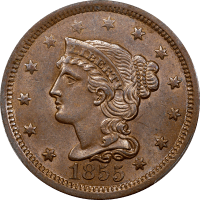 1855 Braided Hair Large Cent (1c) Upright 55 OBVERSE Image