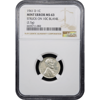 1961-D Lincoln Cent (1c) Error - Struck on Silver Dime (10c) Blank Obverse Slab Image