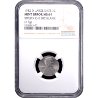 1982-D Lincoln Cent (1c) Large Date, Error - Struck on 10c Blank Obverse Slab Image