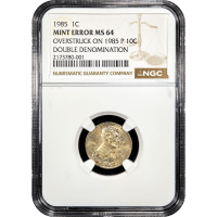 1985 Double Denom Error - Lincoln Cent (1c) Struck on Roosevelt Dime (10c) Obverse Slab Image