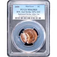 2000 Lincoln Cent (1c) Error - Double Struck 10 Percent Off-Center Obverse Slab Image