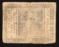 November 29, 1775 Continental Currency Colonial Six Dollars ($6) Reverse Image
