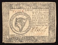 September 26, 1778 Continental Currency Colonial Eight Dollars ($8) Obverse Image