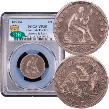 1853/4 Seated Liberty Quarter (25c) Arrows and Rays Composite Image