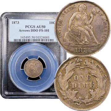 1873 Seated Liberty Dime (10c) Arrows, Doubled Die Obverse Composite Image