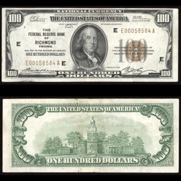 1929 $100 Federal Reserve National Bank Note (FRBN) Richmond Composite Image