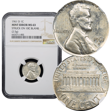 1961-D Lincoln Cent (1c) Error - Struck on Silver Dime (10c) Blank Composite Image