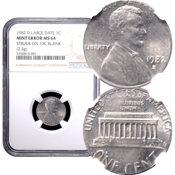 1982-D Lincoln Cent (1c) Large Date, Error - Struck on 10c Blank Composite Image