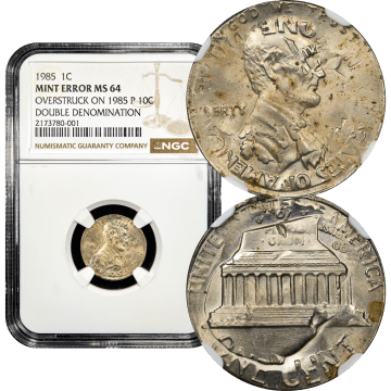 1985 Double Denom Error - Lincoln Cent (1c) Struck on Roosevelt Dime (10c) Composite Image