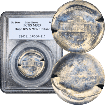 No Date Jefferson Nickel (5c) Error - Huge Broadstrike and Uniface Composite Image