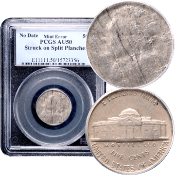 No Date Jefferson Nickel (5c) Error - Struck on Spilt Planchet Composite Image