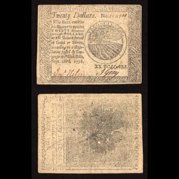 September 26, 1778 Continental Currency Colonial Twenty Dollars ($20) Composite Image