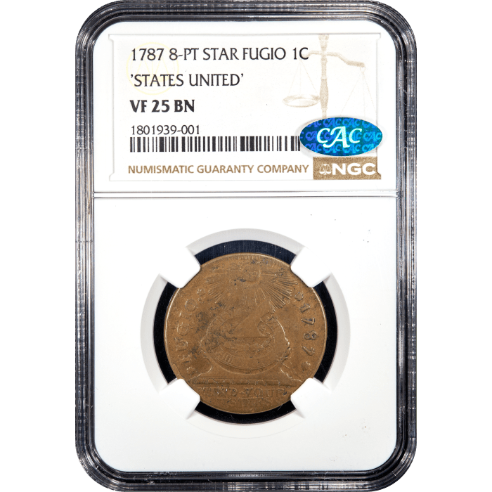 1787 Fugio Cent (1c) States United 4 Cinq Obverse Slab Image