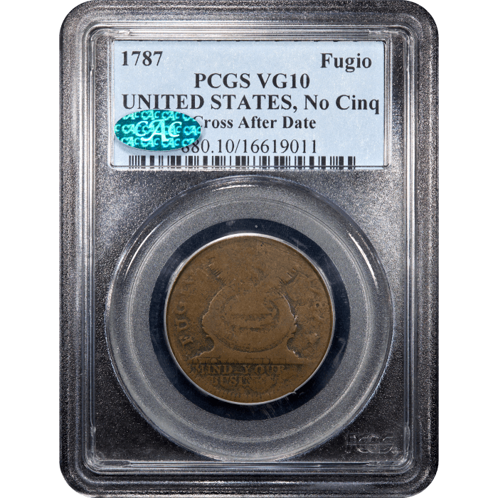 1787 Fugio Cent (1c) United States Cross after Date Obverse Slab Image