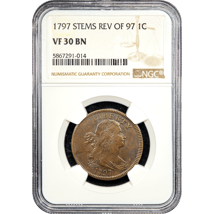 1797 Draped Bust Large Cent (1c) Reverse of 1797, Stems Obverse Slab Image