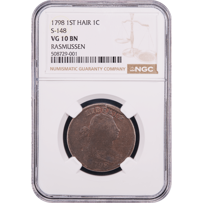 1798 Draped Bust Large Cent (1c) First Hair Style S-148 SLAB Image