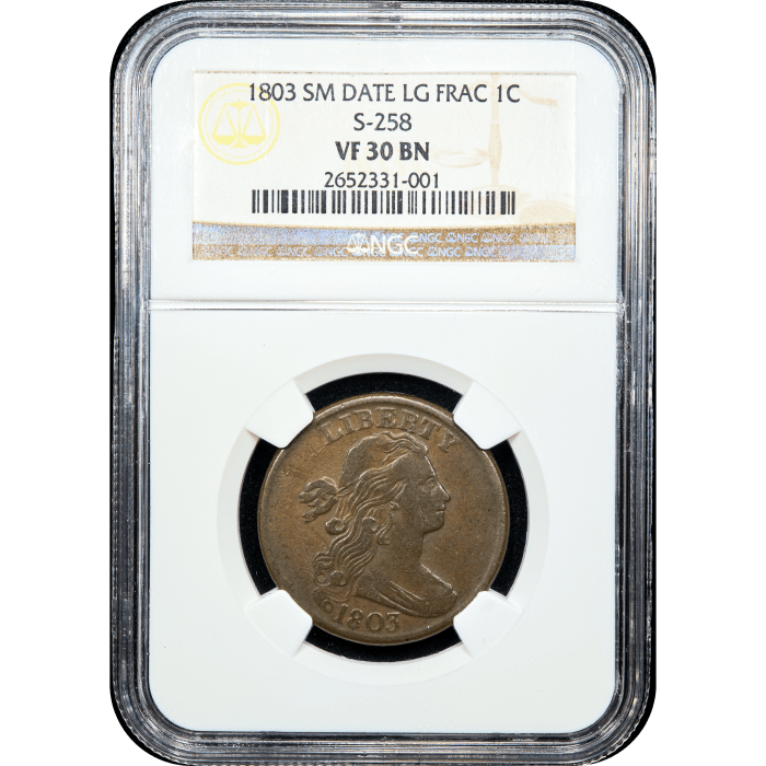 1803 Draped Bust Large Cent (1c) Small Date Large Fraction Obverse Slab Image