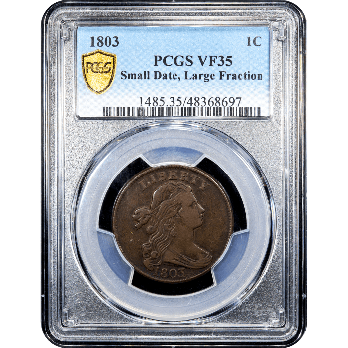 1803 Draped Bust Large Cent (1c) Small Date Small Fraction SLAB Image