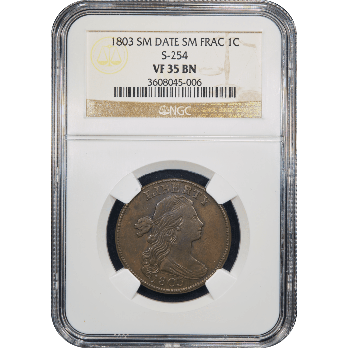 1803 Draped Bust Large Cent (1c) Small Date Small Fraction S-254 Obverse Slab Image