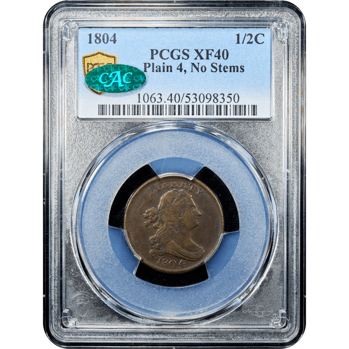 1804 Draped Bust Half Cent (1/2c) Plain 4 No Stems Obverse Slab Image