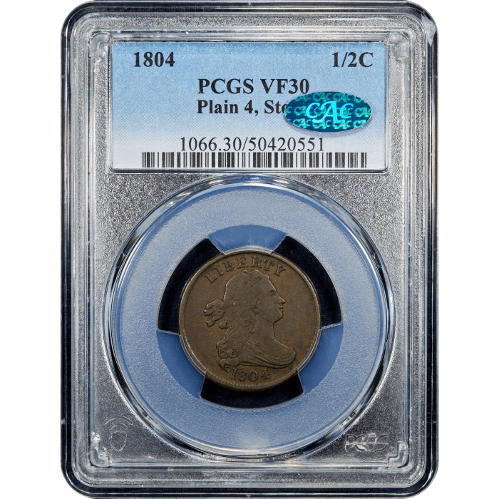1804 Draped Bust Half Cent (1/2c)  Plain 4 Stems SLAB Image
