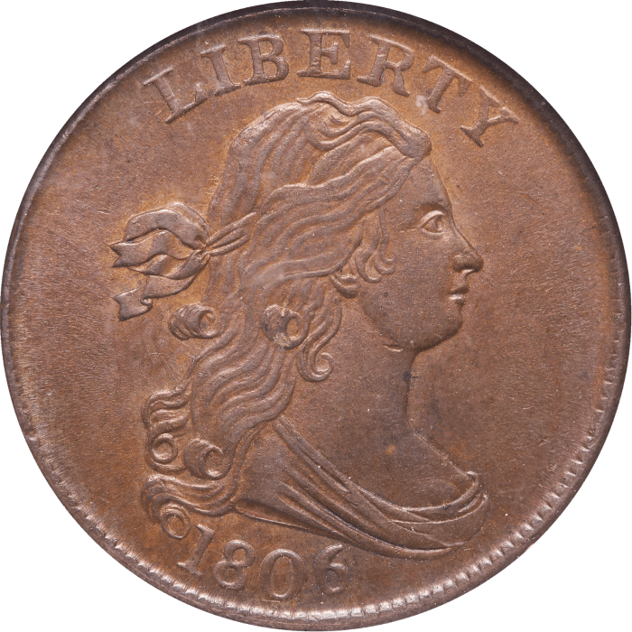 1806 Draped Bust Half Cent (1/2) Small 6, No Stems Obverse Image