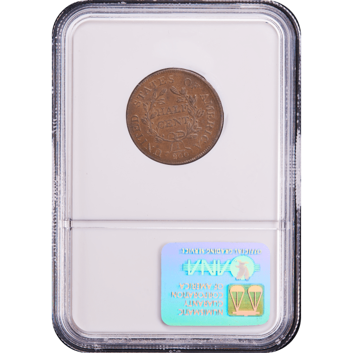 1806 Draped Bust Half Cent (1/2) Small 6, No Stems Reverse Slab Image