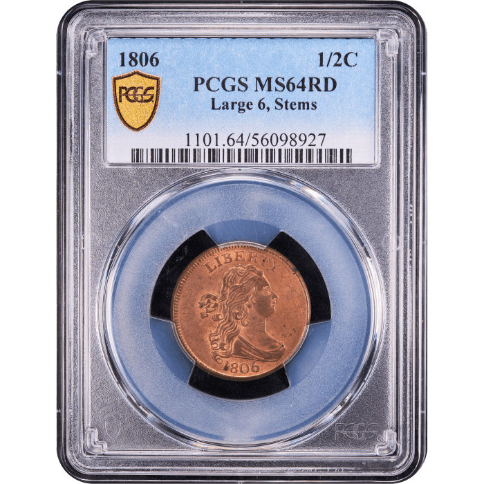 1806 Draped Bust Half Cent (1/2c) Large 6, Stems SLAB Image