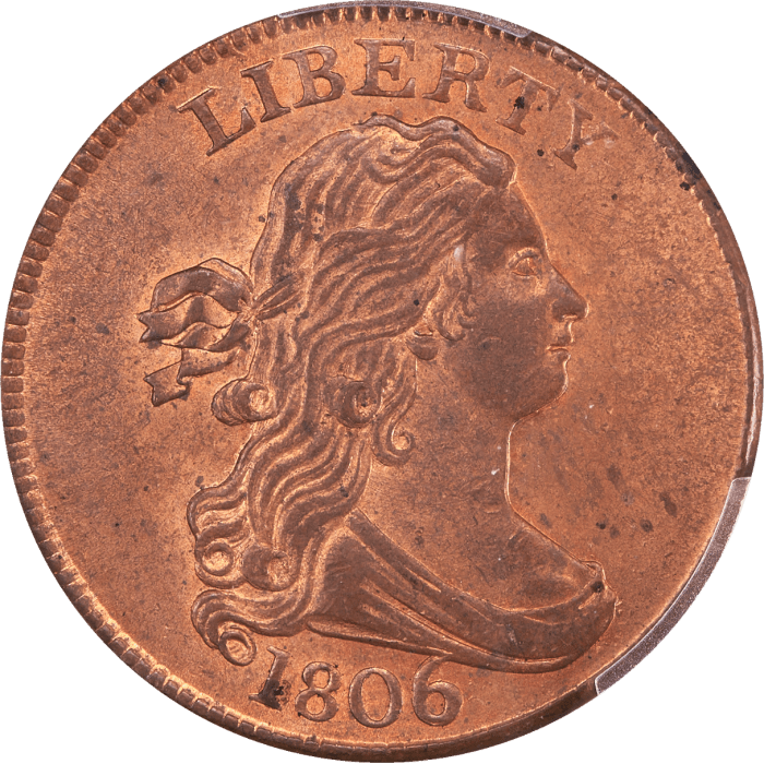 1806 Draped Bust Half Cent (1/2c) Large 6, Stems Obverse Image